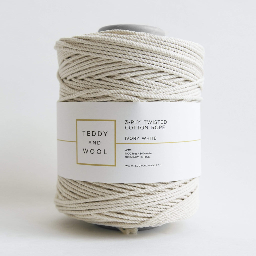 4 MM Twisted Macrame cord, 3-ply 1000 feet (300 m) - "Ivory White",Teddy and Wool,Cotton Cord