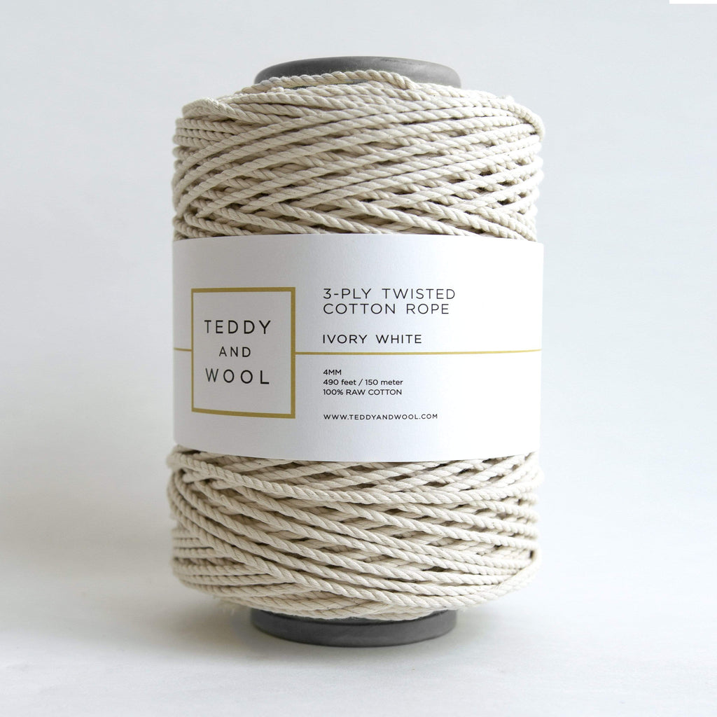 4 MM Twisted Macrame cord, 3-ply 1000 feet (300 m) - "Ivory White",Teddy and Wool,Cotton Cord