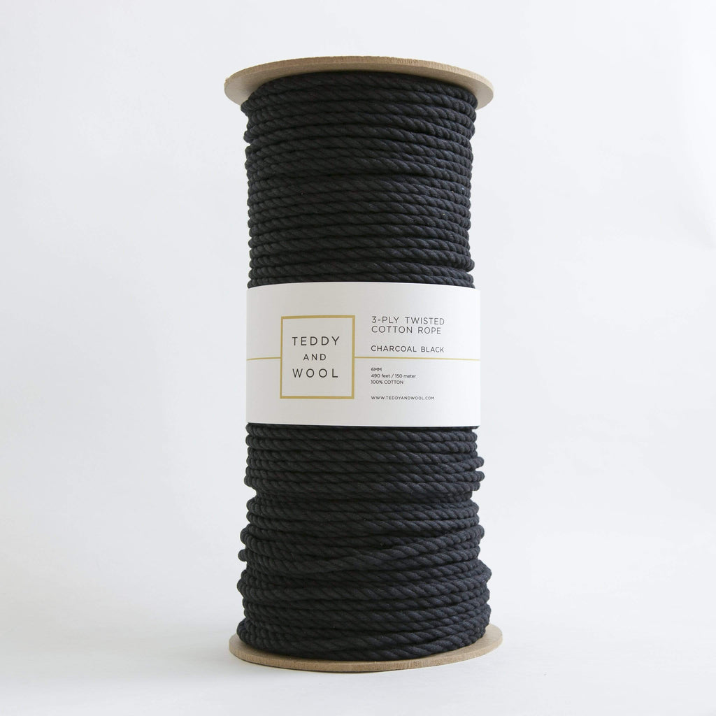 Twisted Macrame Cord 6 MM - "Charcoal Black",Teddy and Wool,Cotton Cord