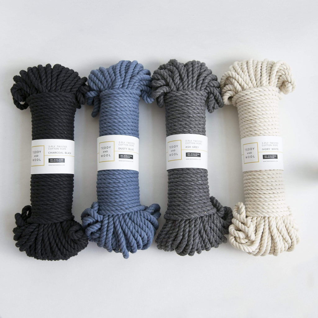 Twisted Macrame Cord 6 MM - "Charcoal Black",Teddy and Wool,Cotton Cord