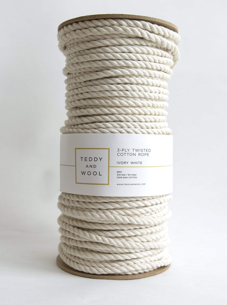 Twisted Macrame cord 8 MM (100 ft or 655 ft) - "Ivory White",Teddy and Wool,Cotton Cord
